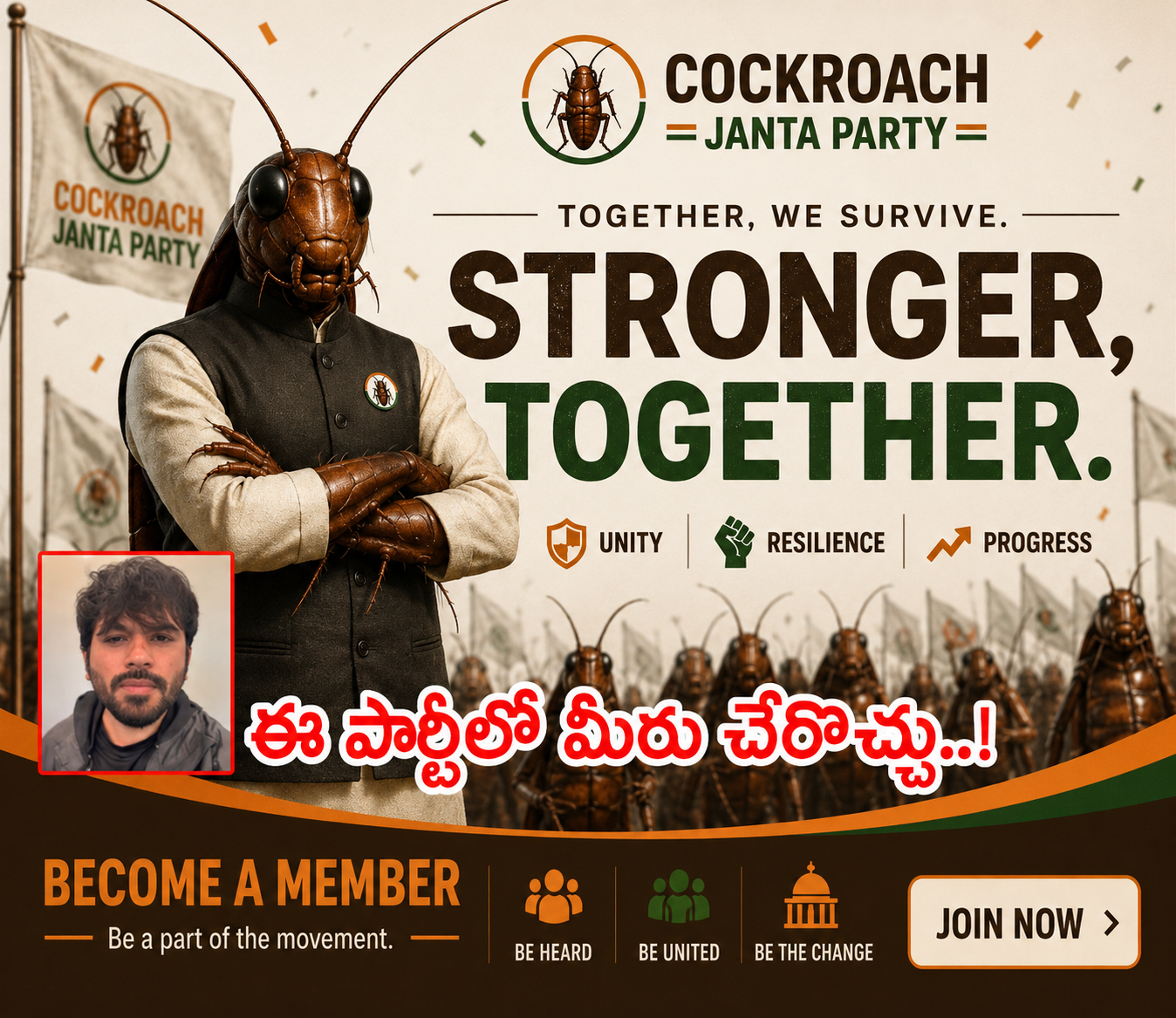 దూసుకుపోతున్న కాక్రోచ్ జనతా పార్టీ.. 48గంటల్లో 66లక్షల ఫాలోవర్లు